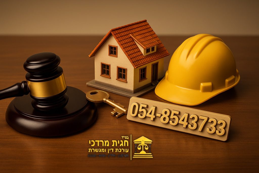 משמאל: פטיש שופט, מימין: קסדת בנייה, בית מוקטן, מפתח מוזהב, מספר טלפון 054-8543733 ולוגו משרד עו"ד חגית מרדכי – המחשה של חוזה לרכישת דירה מקבלן ובדיקה משפטית. בדיקת חוזה רכישה ע״י עו״ד