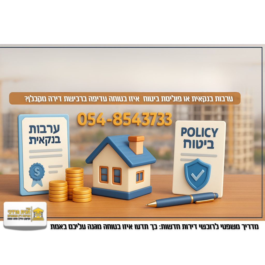 השוואה גרפית בין ערבות בנקאית לפוליסת ביטוח בעסקת רכישת דירה מקבלן, כולל דגם בית, מטבעות זהב, ולוח עם טקסט "ערבות בנקאית" מול "Policy ביטוח", ומספר טלפון 054-8543733.