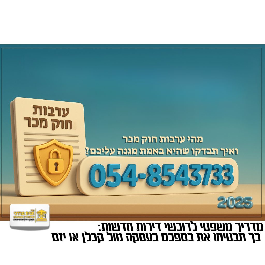המחשה גרפית של ערבות חוק מכר עם סמל מגן ונעילה, מספר טלפון 054-8543733 וכיתוב: מהי ערבות חוק מכר ואיך לבדוק שהיא באמת מגנה עליכם?