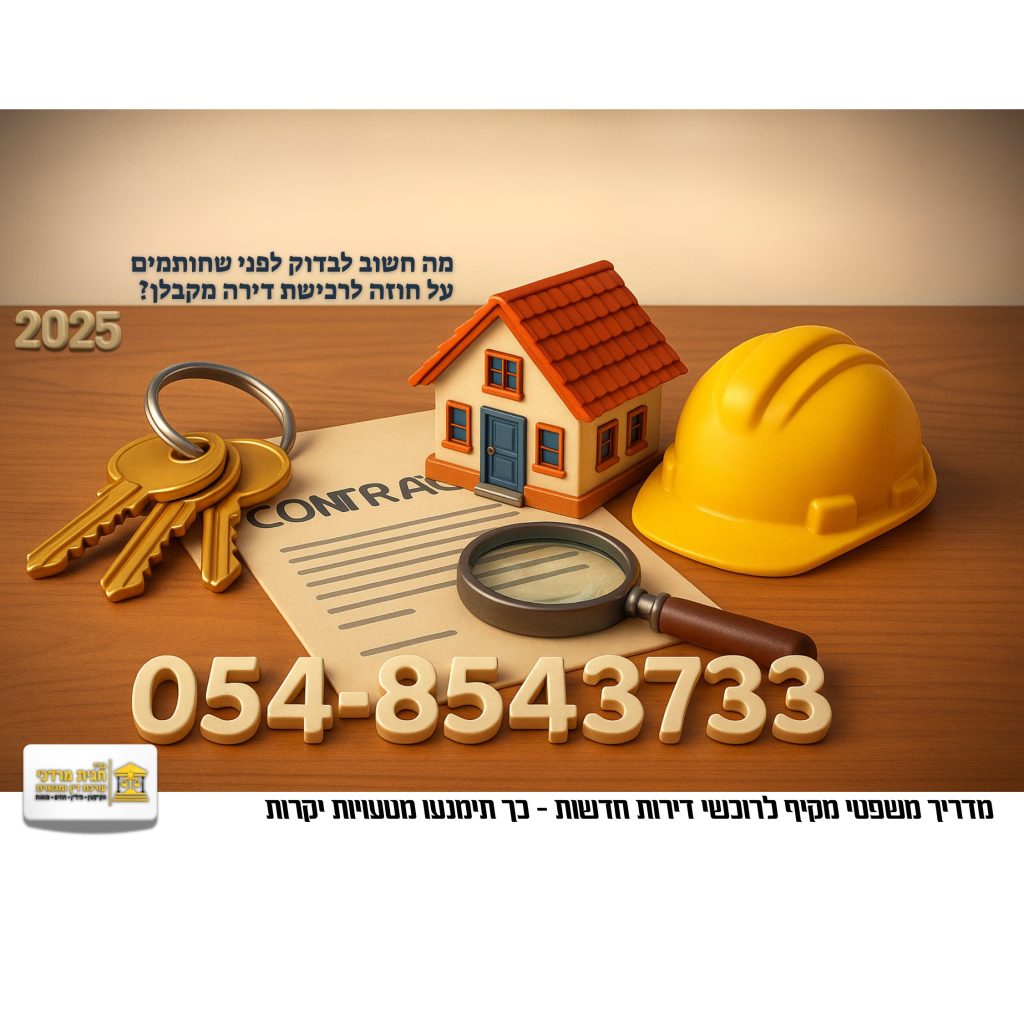 חוזה לרכישת דירה מקבלן – מפתח עם מפתח, חוזה מודפס, בית מוקטן, קסדת בנייה וזכוכית מגדלת, על שולחן עץ עם הכיתוב 054-8543733.