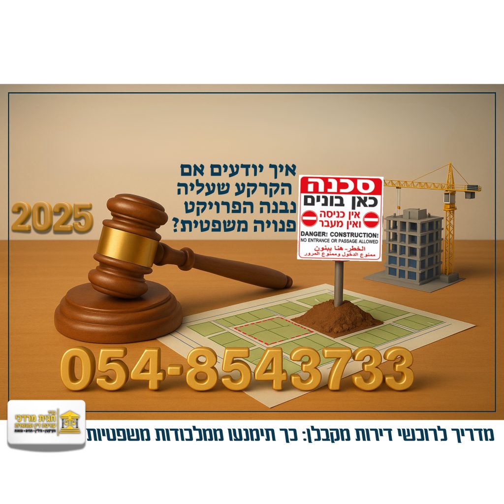 בדיקת קרקע פנויה משפטית לפני רכישת דירה מקבלן – אינפוגרפיקה משפטית עם תמרור אזהרה, דחפור, מפת קרקע ופטיש שיפוט