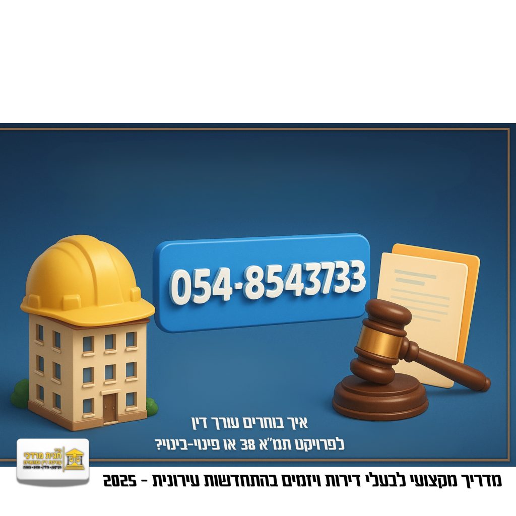 תמונה של קסדת בנייה, מסמך ופטיש עץ, עם מספר טלפון 054-8543733, המשקפת מדריך לבחירת עורך דין לפרויקטי תמ"א 38 או פינוי-בינוי - 2025