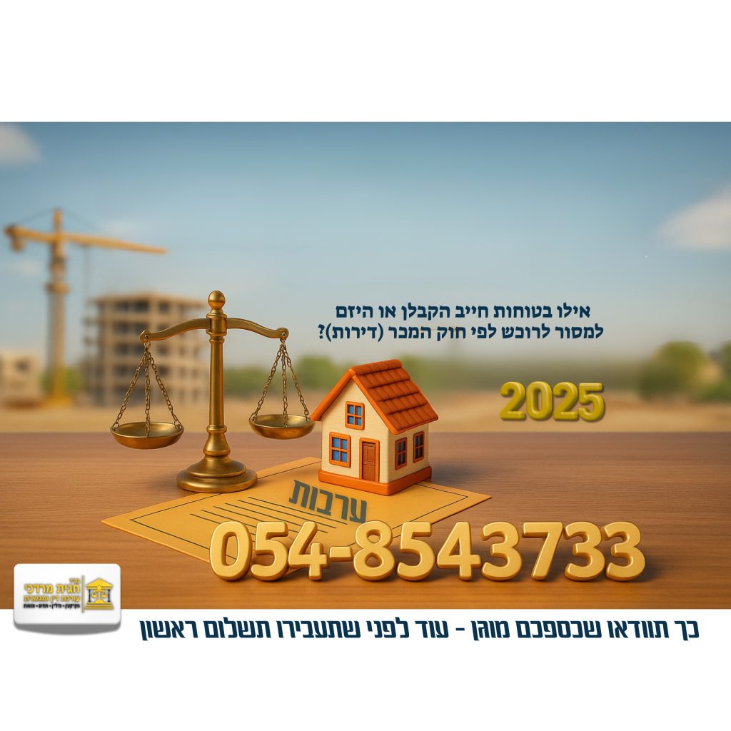 מאזניים, בית מוקטן ומסמך ערבות עם מספר טלפון 054-8543733 – המחשה לבטוחות שנדרשות מקבלן לפי חוק המכר (דירות).