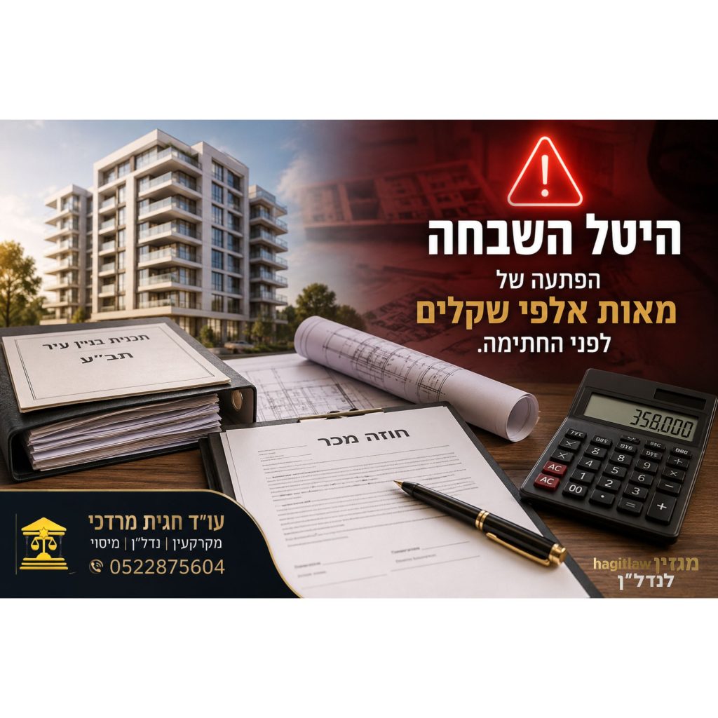 היטל השבחה לפני מכירת דירה – חוזה מכר, תכנית בנייה ומחשבון עם אזהרה על חיוב כספי בעסקת נדל״ן