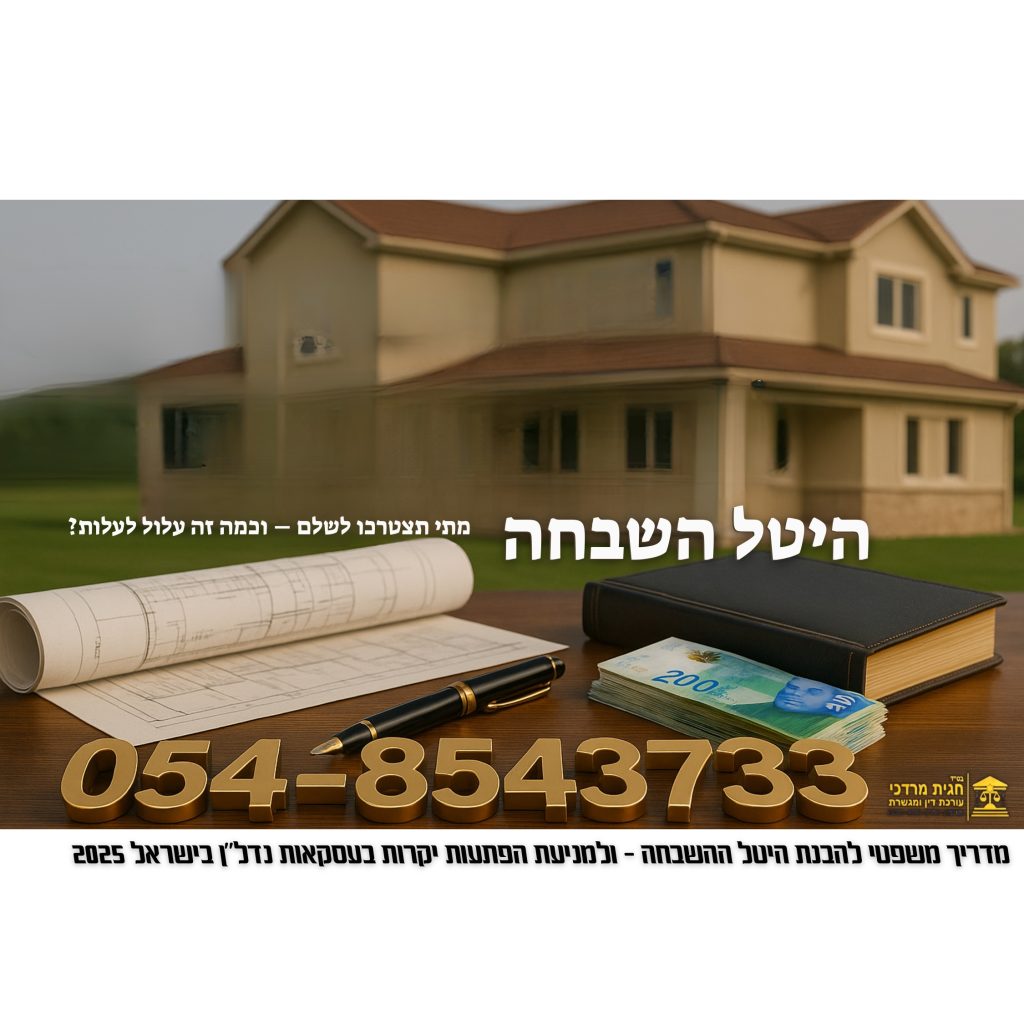 היטל השבחה בעסקאות נדל"ן בישראל – כסף, חוזה, תכניות בנייה ועט מונחים על שולחן מול בית פרטי. מדריך משפטי לשנת 2025.