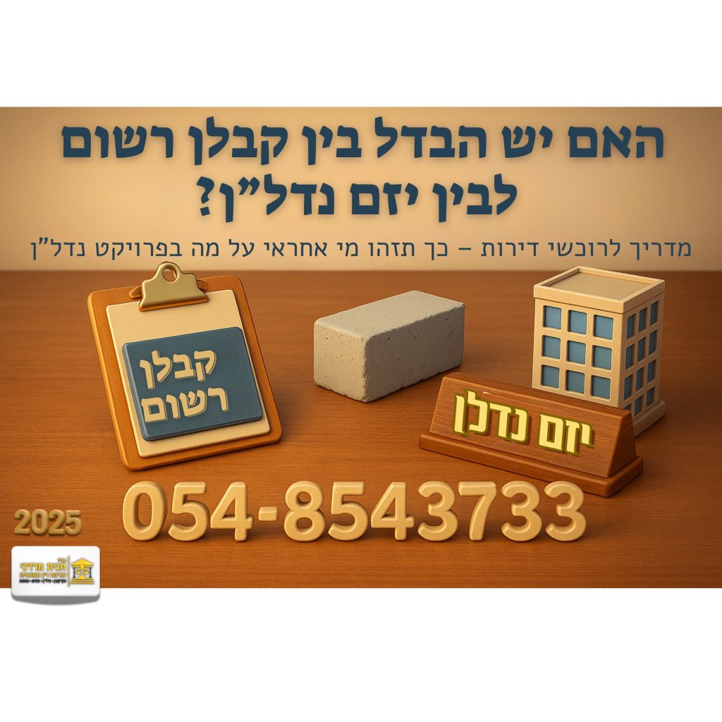 האם יש הבדל בין קבלן רשום לבין יזם נדל״ן? שלט עם כיתוב "קבלן רשום", שלט "יזם נדל״ן", לבנה ודגם בניין מונחים על שולחן, טלפון 054-8543733. מדריך לרוכשי דירות.