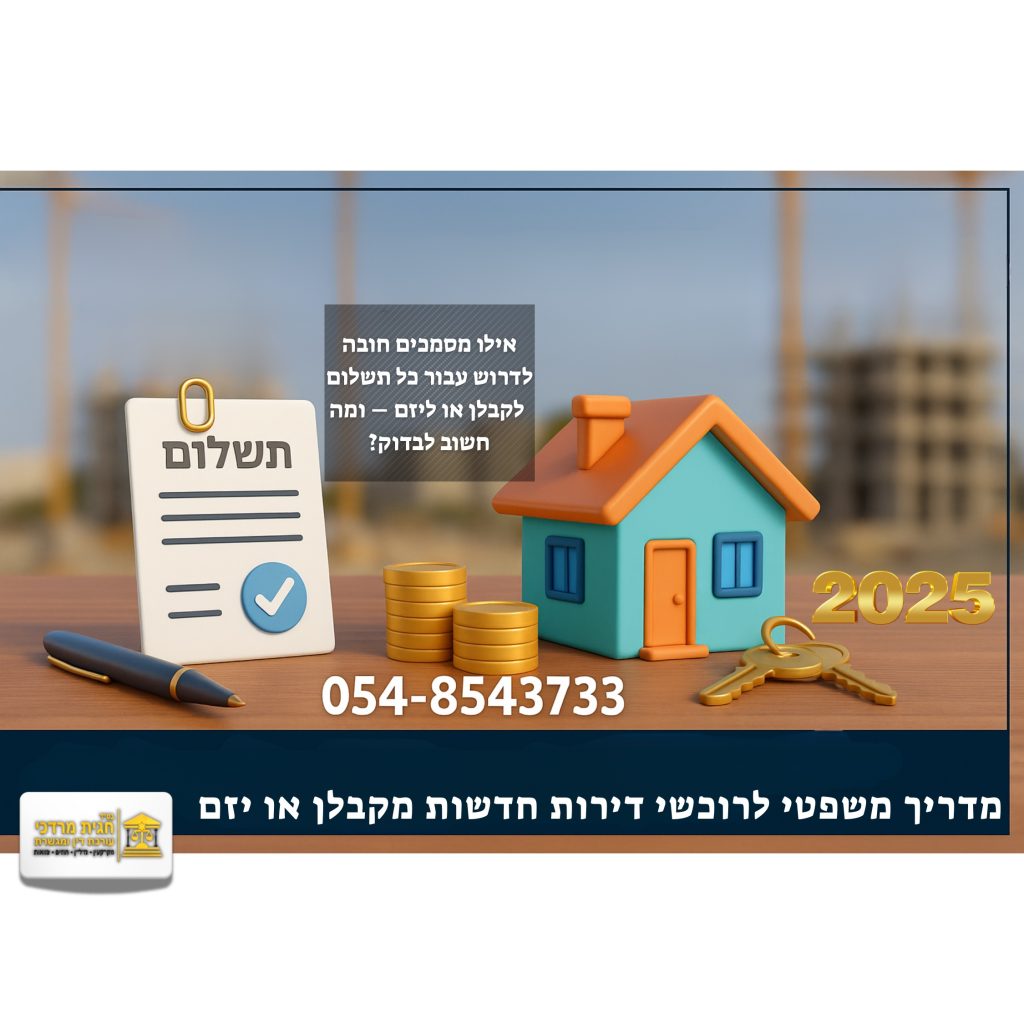 תשלום עבור דירה חדשה מקבלן – אינפוגרפיקה עם בית, קבלה, מטבעות ומפתחות. מדריך משפטי של עו״ד חגית מרדכי לרוכשי דירות בישראל