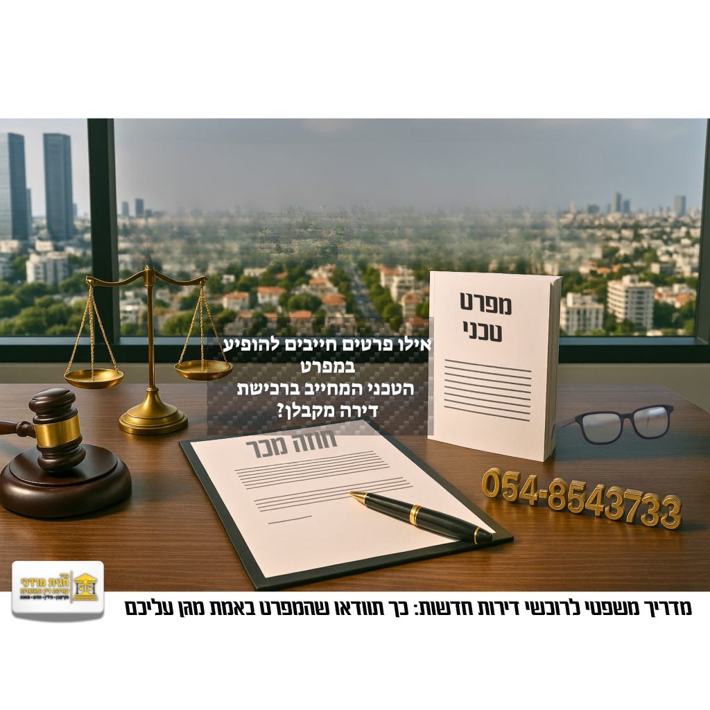 מה חייב להופיע במפרט הטכני של דירה חדשה מקבלן – אינפוגרפיקה עם חוזה, מאזניים משפטיים וספר מפרט. הסבר משפטי של עו״ד חגית מרדכי