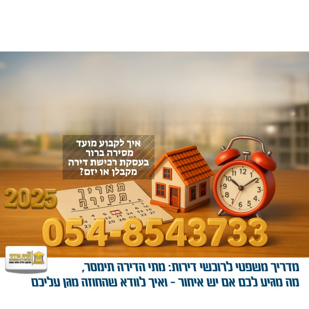 קביעת מועד מסירת דירה בעסקת רכישה מקבלן – אינפוגרפיקה עם בית, לוח שנה ושעון. מדריך ויזואלי מעו”ד חגית מרדכי