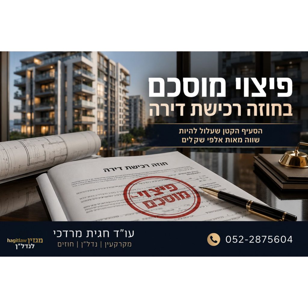 פיצוי מוסכם בחוזה רכישת דירה מקבלן – חוזה מכר דירה עם חותמת פיצוי מוסכם, תוכנית אדריכלית ובניין מגורים חדש ברקע