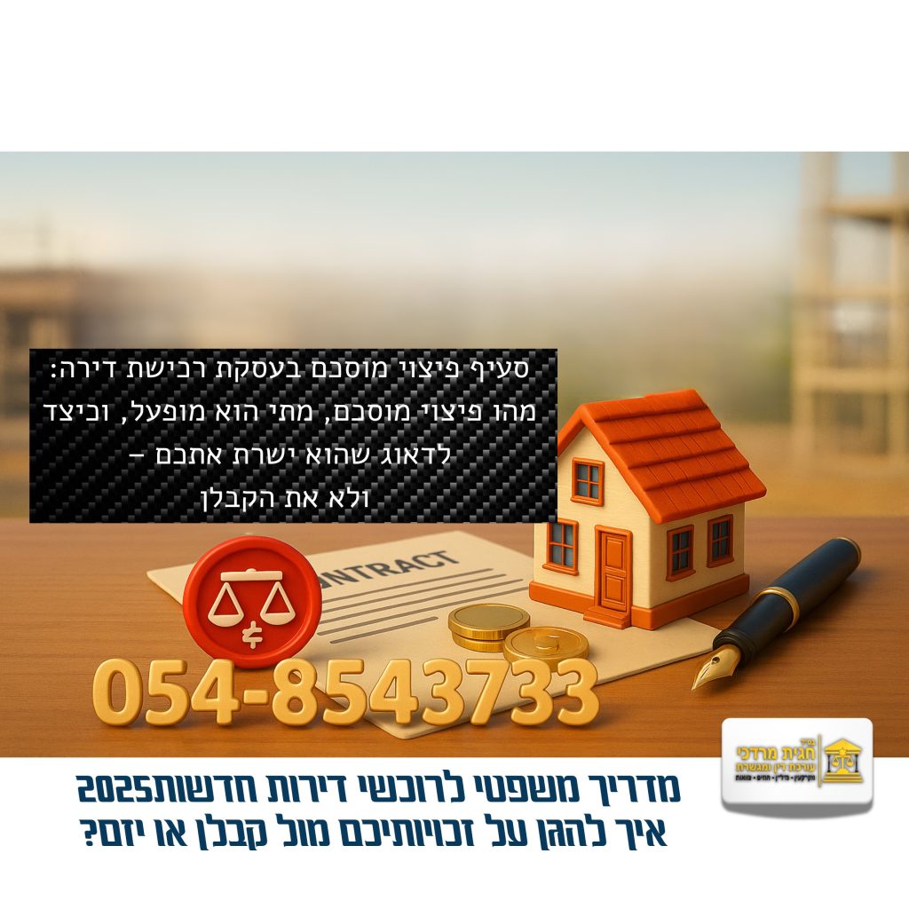 סעיף פיצוי מוסכם בעסקת רכישת דירה מקבלן – תמונה עם בית מוקטן, חוזה חתום, מטבעות וסמל מאזניים אדום. עו”ד חגית מרדכי מסבירה איך להגן על הקונה בחוזה