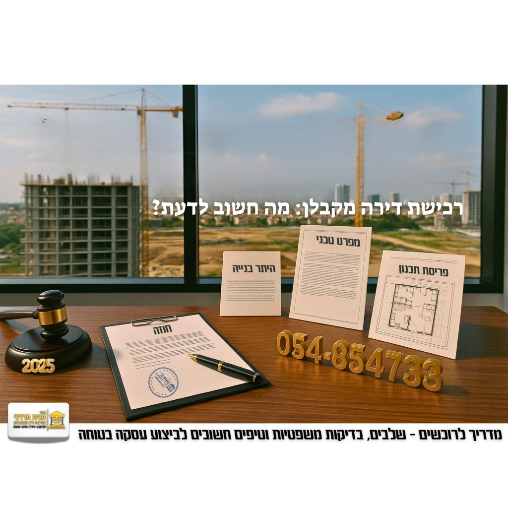 מסמכי רכישת דירה מקבלן מוצגים על שולחן: חוזה, היתר בנייה, מפרט טכני ותרשים תכנון, ברקע אתר בנייה עם מנופים, לצד מספר הטלפון 054-8543733.