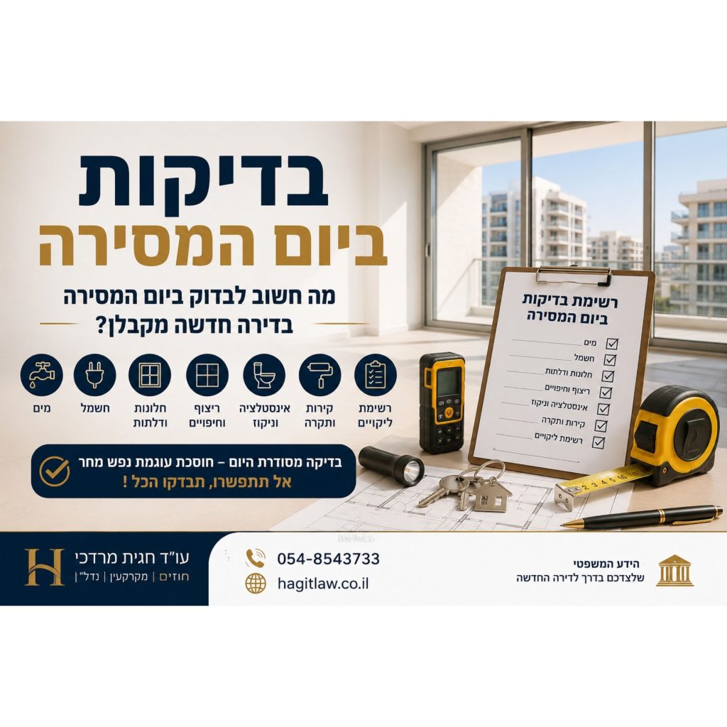 בדיקות ביום המסירה – מה חשוב לבדוק ביום המסירה בדירה חדשה מקבלן? המחשה של בדיקות מסירה מקצועיות לפני קבלת מפתח בדירה חדשה, כולל רשימת ליקויים, כלי מדידה ותוכנית הדירה | עו”ד חגית מרדכי | Hagitlaw