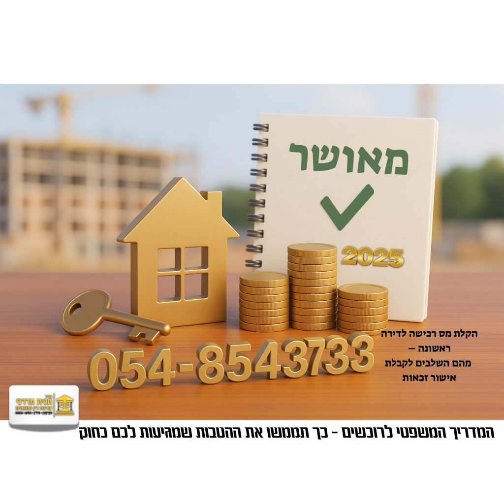 הקלה במס רכישה לדירה ראשונה – תמונה של דגם בית מוזהב, מפתח, מטבעות וספרון עם כיתוב מאושר לשנת 2025, כולל מספר טלפון 054-8543733.