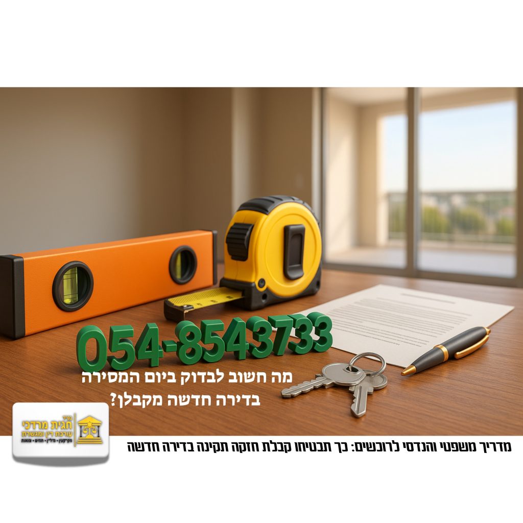 תמונה של מד לייזר, פלס, מפתחות חוזה וקולמוס על שולחן, עם כיתוב: מה חשוב לבדוק ביום המסירה בדירה חדשה מקבלן?