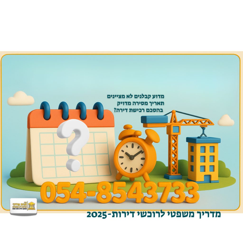 איור תלת־ממדי של לוח שנה עם סימן שאלה, שעון מעורר בצבע כתום, מנוף בנייה ובניין ברקע. טקסט בראש התמונה: "מדוע קבלנים לא מציינים תאריך מסירה מדויק בהסכם רכישת דירה?". בתחתית – מספר טלפון 054-8543733.