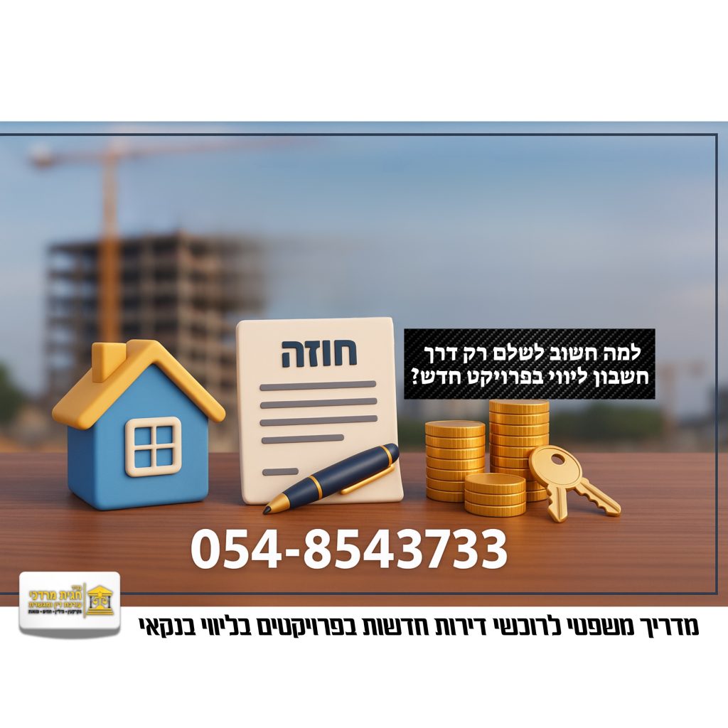 ליווי בנקאי ברכישת דירה חדשה מקבלן – חשיבות תשלום דרך חשבון ליווי בפרויקט בנייה חדש, עם חוזה, בית, מטבעות ומפתח על רקע אתר בנייה.