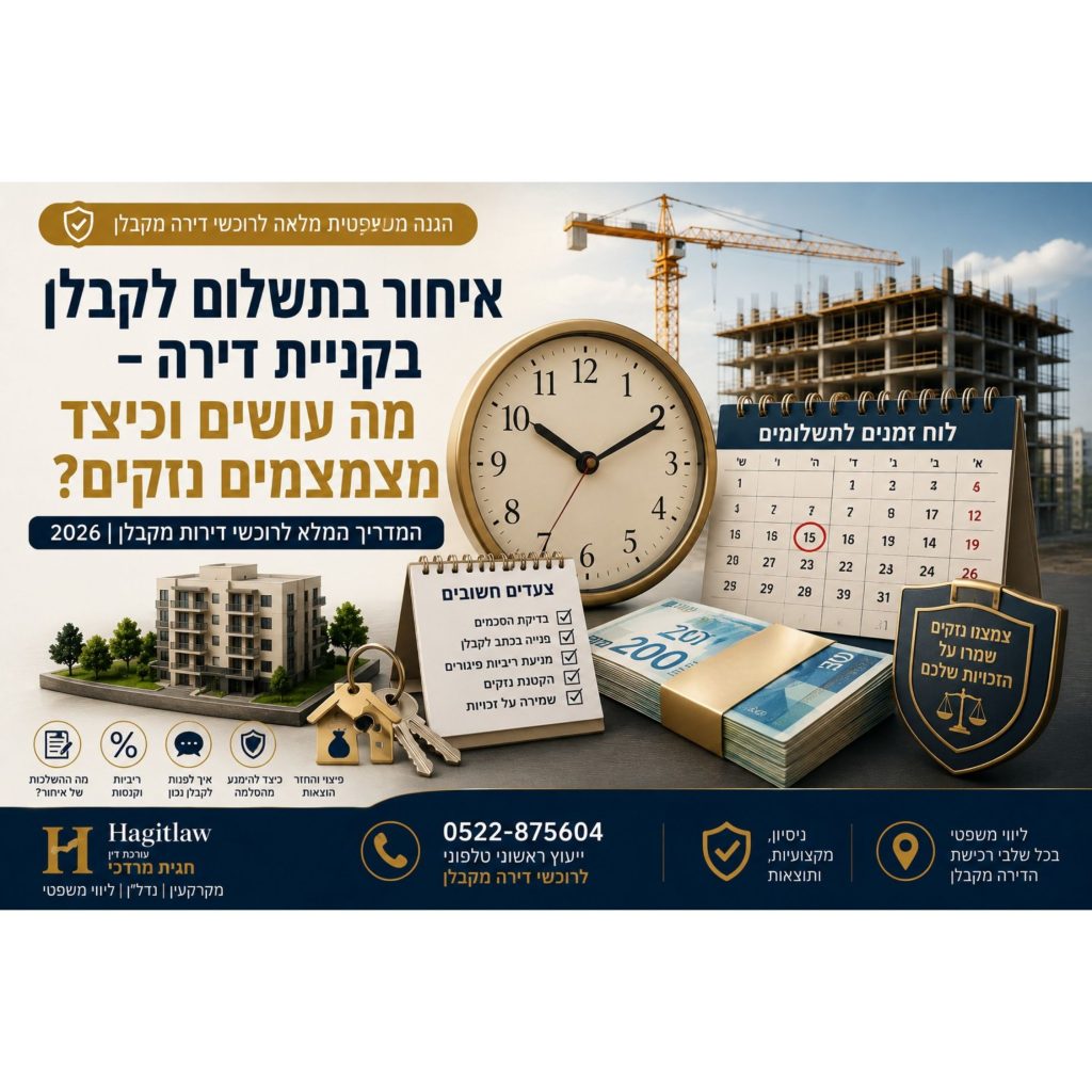 איחור בתשלום לקבלן בקניית דירה – מה עושים וכיצד מצמצמים נזקים? המחשה של איחור בתשלום לרכישת דירה מקבלן באמצעות שעון, לוח שנה, לוח תשלומים, כסף ומנוף באתר בנייה | עו”ד חגית מרדכי | Hagitlaw