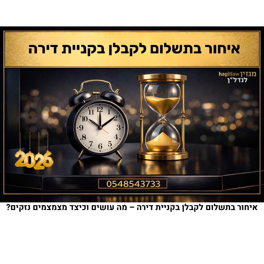 שעון מעורר ושעון חול על שולחן כהה עם כיתוב 2026, המדגימים איחור בתשלום לקבלן בקניית דירה והמשמעות של עמידה בלוחות זמנים חוזיים
