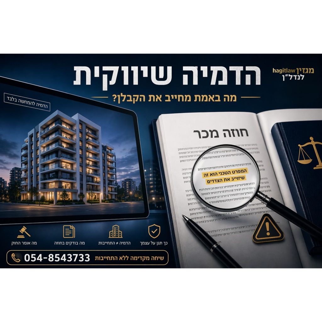 הדמיה שיווקית של בניין על מסך לצד חוזה מכר עם זכוכית מגדלת – המחשה לפער בין שיווק להתחייבות משפטית