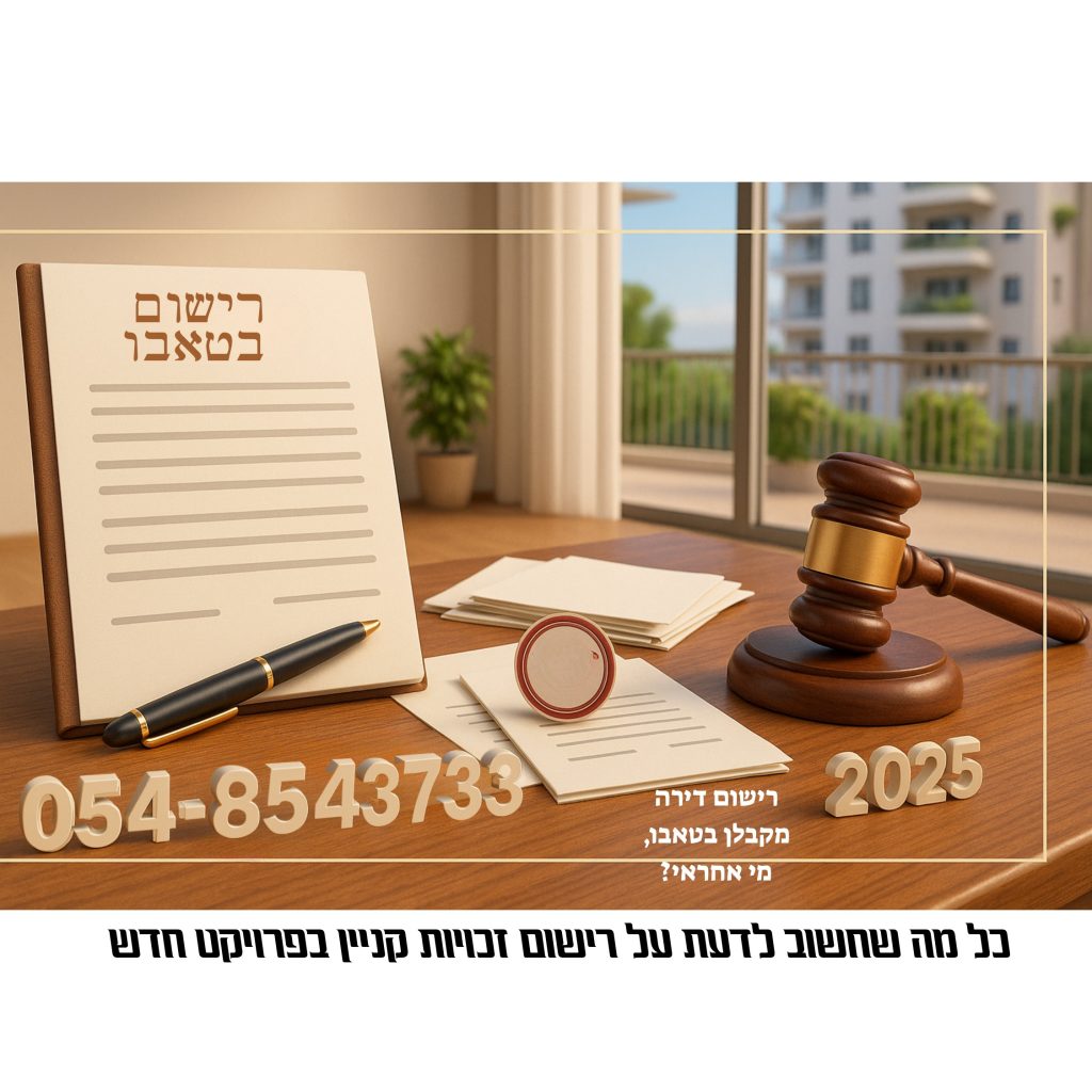 רישום דירה מקבלן בלשכת רישום מקרקעין (טאבו) עם פטיש עץ, מסמכים משפטיים, ועיפרון על שולחן עבודה