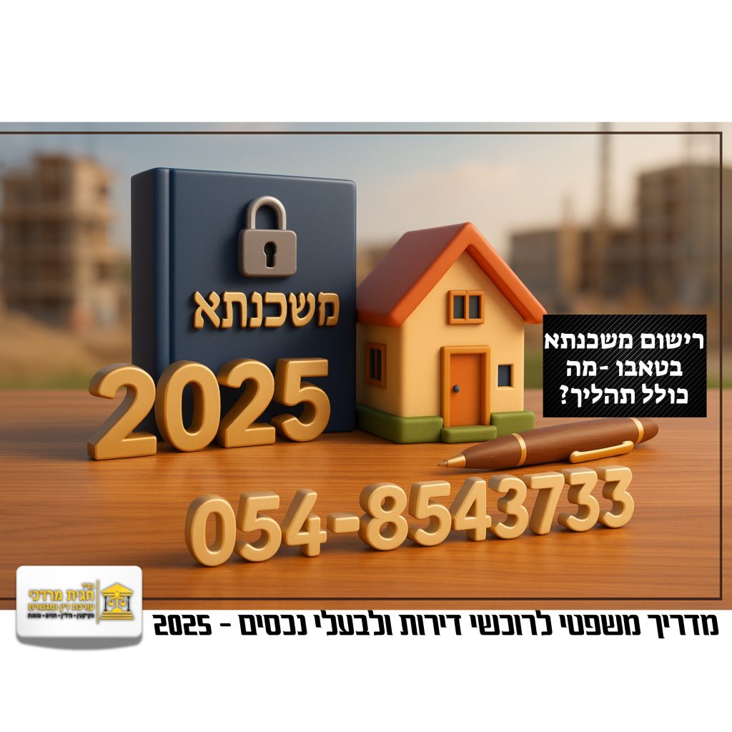 רישום משכנתא בטאבו בשנת 2025 – מדריך חזותי הכולל בית, ספר חוקים עם מנעול, עט, ומספר הטלפון של עו"ד חגית מרדכי.