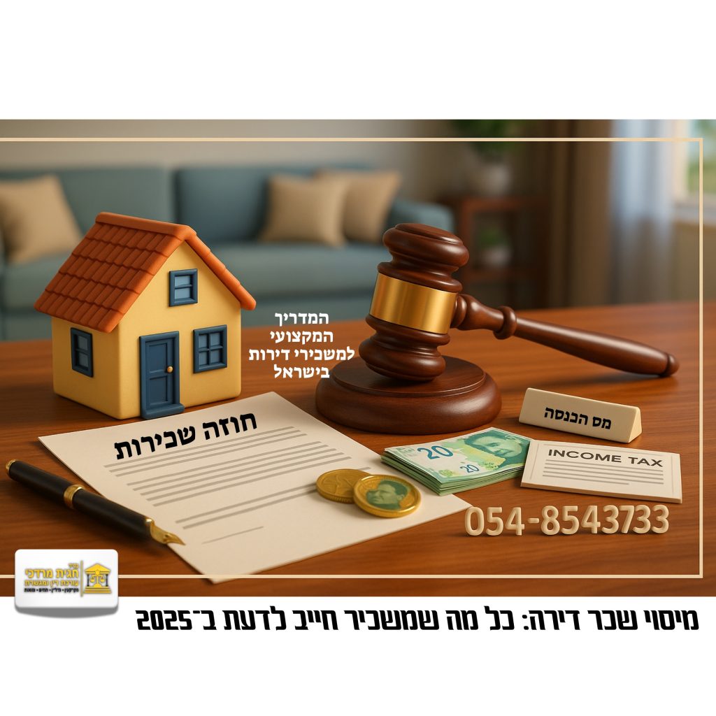 חוזה שכירות עם בית מיניאטורי, פטיש שופט ושטרות כסף – מדריך מקצועי על מיסוי שכר דירה בישראל 2025