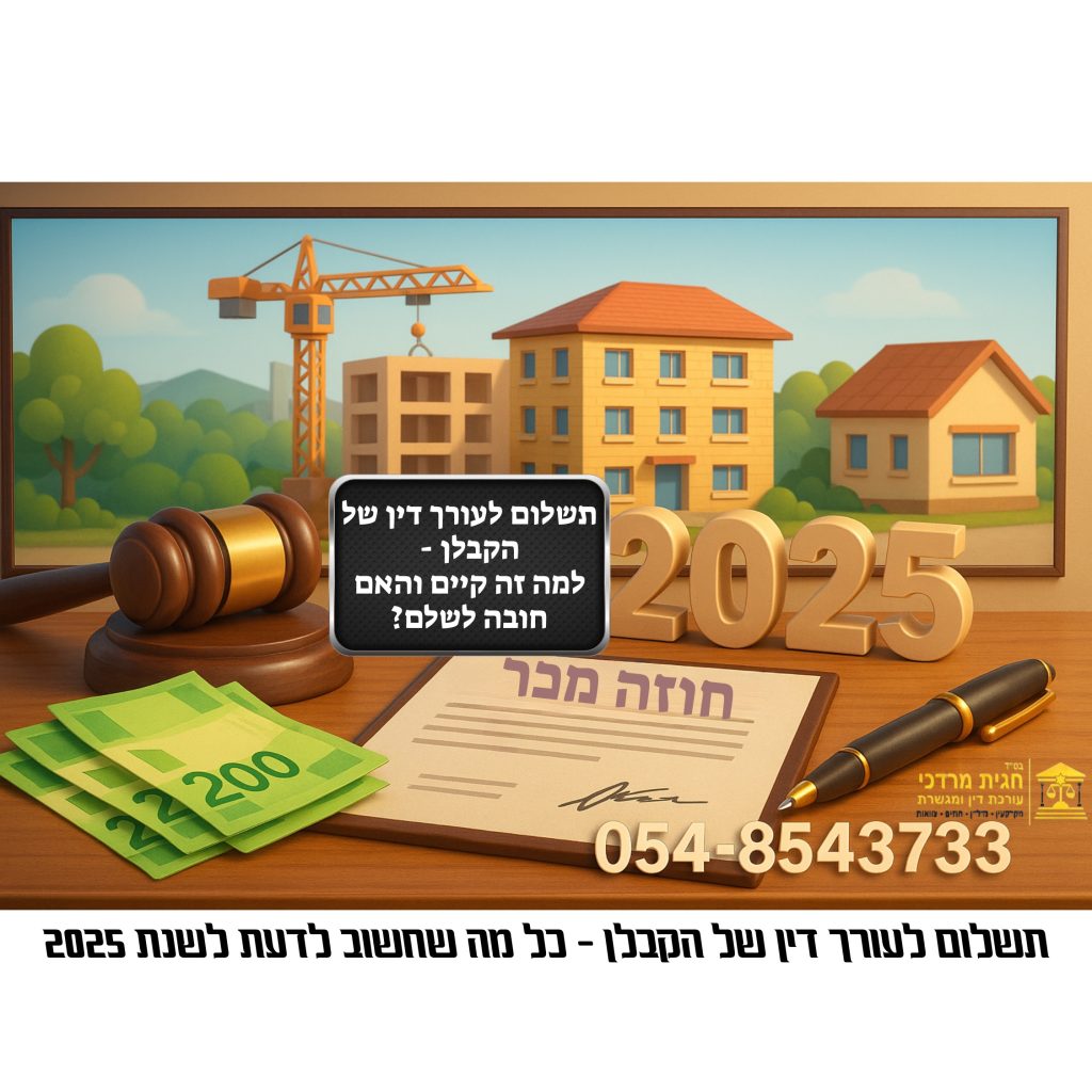 המחשה של חוזה מכר דירה לשנת 2025: חוזה חתום, כסף, גושן עץ, עט ונדל"ן ברקע. הטקסט: תשלום לעורך דין של הקבלן – למה זה קיים והאם חובה לשלם?"