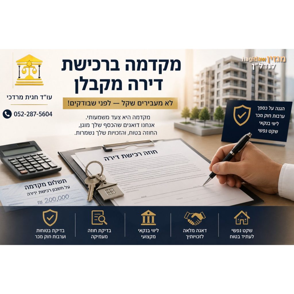 מקדמה ברכישת דירה מקבלן – חוזה רכישה, תשלום ראשון ובדיקת בטוחות לפני חתימה