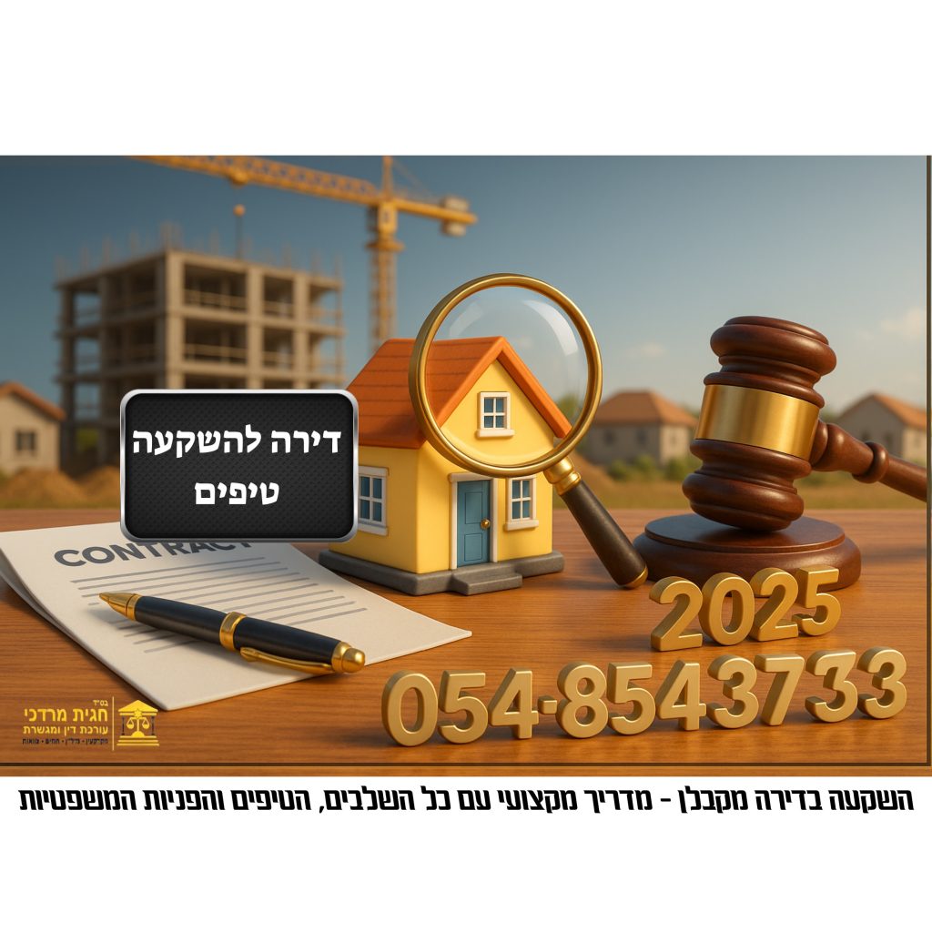 השקעה בדירה מקבלן – הדמיה של פרויקט בנייה, בית, עורך דין וחוזה הממחישה ליווי משפטי לעסקאות דירה להשקעה