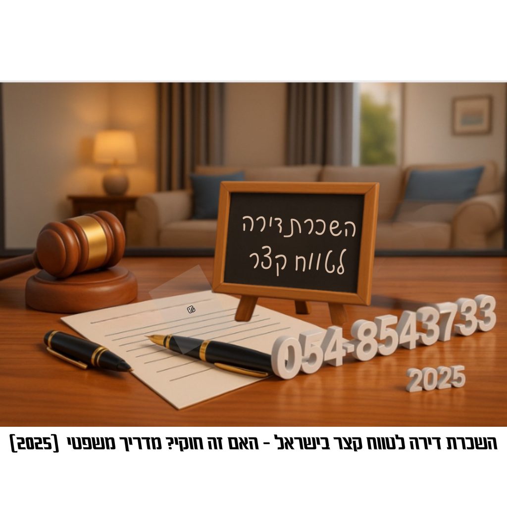 השכרת דירה לטווח קצר בישראל – מדריך משפטי, עם דמיה של שולחן עורך דין, פנקס, גושפנקא וכלי כתיבה, שמייצגים את ההיבטים החוקיים והמדיניים סביב השכרת דירה לטווח קצר (Airbnb) לשנת 2025.