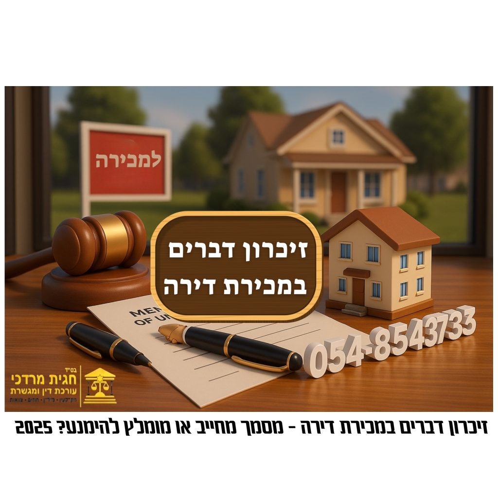 זיכרון דברים במכירת דירה – מדריך משפטי ואזהרות לפני חתימה על מסמך ראשוני, פרטי הנכס, עו״ד מקרקעין, השלכות מס, טיפים להימנעות מסיכונים.