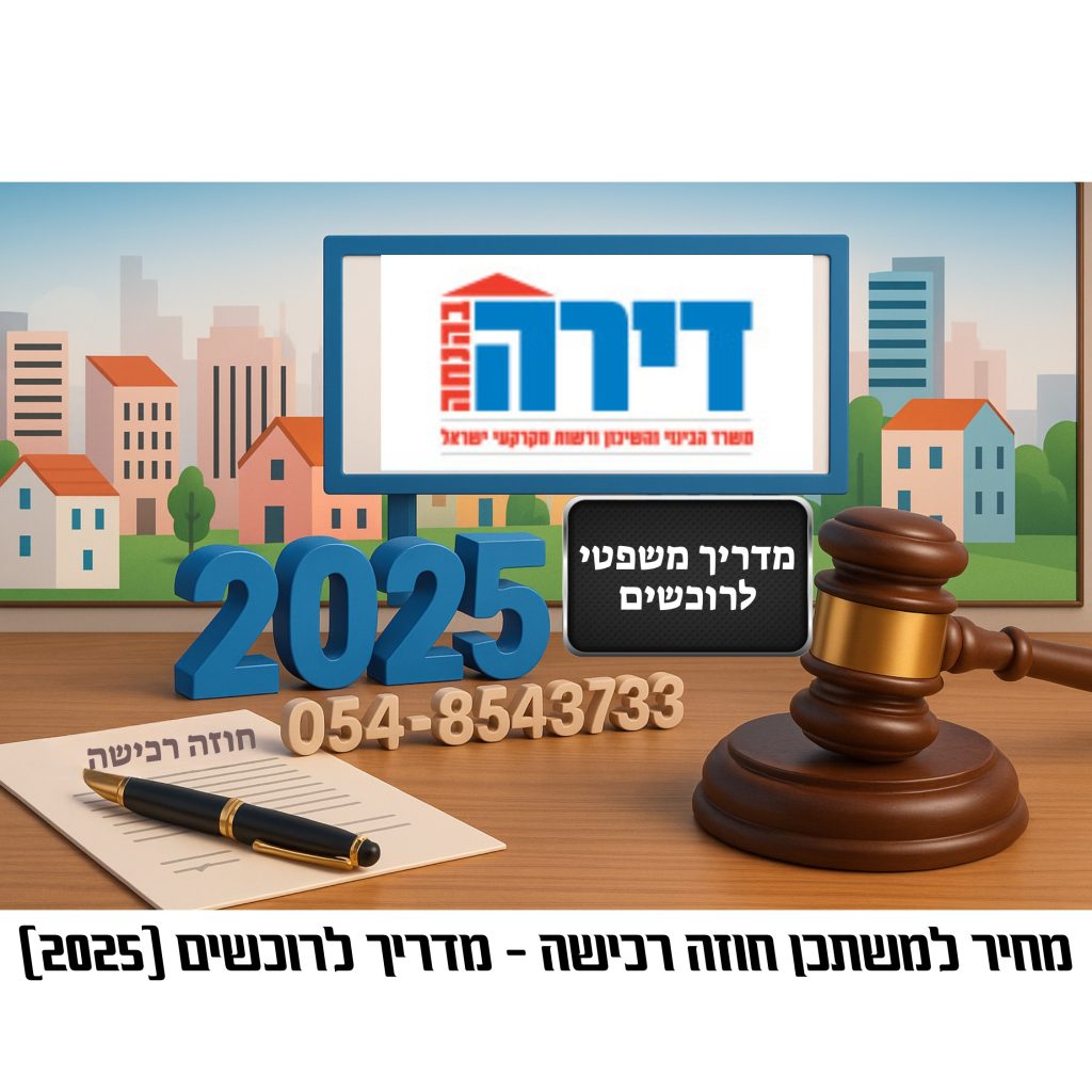מחיר למשתכן חוזה רכישה – מדריך לרוכשים 2025. לוגו של אתר דירה, פטיש שופט, חוזה ועט על רקע עיר מודרנית. טקסט: מדריך משפטי לרוכשים, מחיר למשתכן 2025.