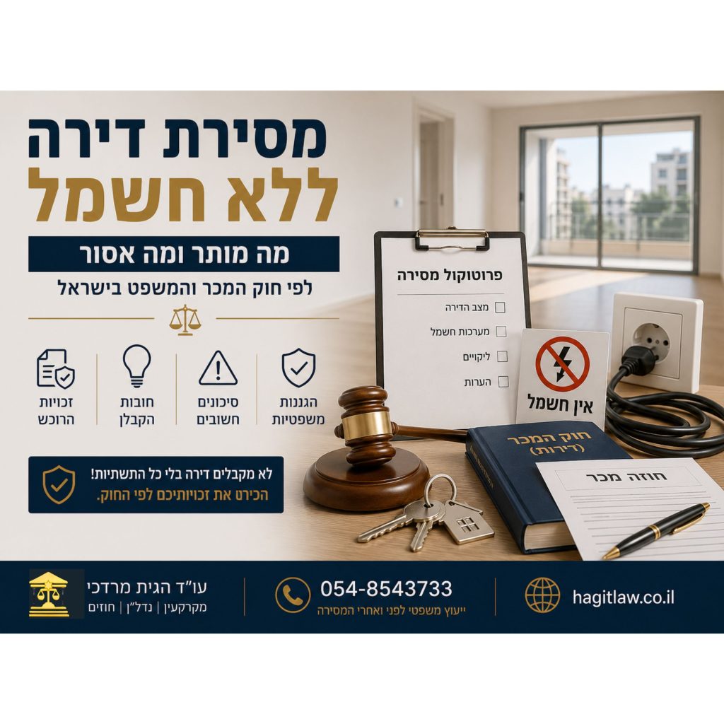מסירת דירה ללא חשמל – מה מותר ומה אסור לפי חוק המכר והמשפט בישראל. המחשה של מסירת דירה חדשה ללא חיבור חשמל באמצעות פרוטוקול מסירה, שקע חשמל, חוזה מכר ומסמכים משפטיים | עו”ד חגית מרדכי | Hagitlaw