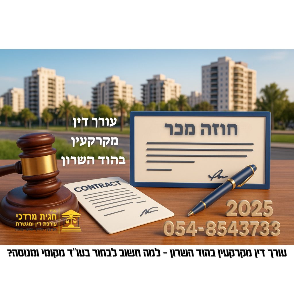 עורך דין מקרקעין בהוד השרון עם פטיש שופט, חוזה מכר ועט על שולחן, עם בנייני מגורים ברקע