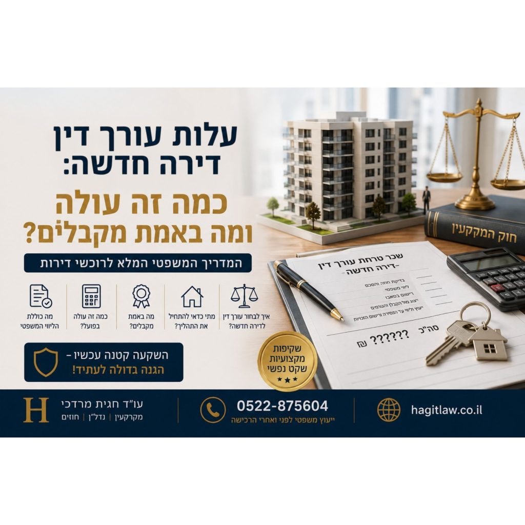 עלות עורך דין דירה חדשה: כמה זה עולה ומה באמת מקבלים? המחשה של שכר טרחת עורך דין ברכישת דירה חדשה באמצעות חוזה מכר, מחשבון, ספר חוק המקרקעין, מפתחות ומודל בניין | עו”ד חגית מרדכי | Hagitlaw