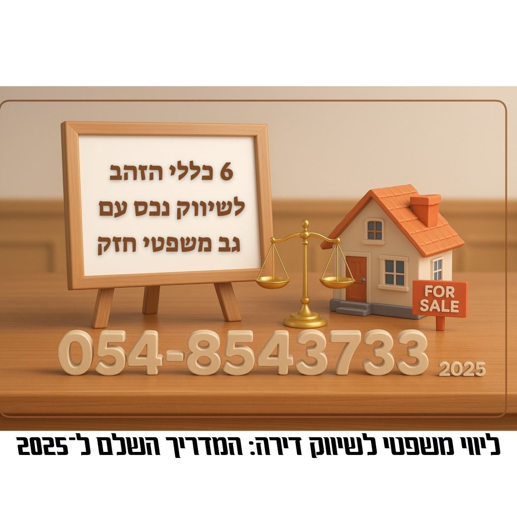 ‎תמונה תלת־ממדית מקצועית הכוללת לוח מחיק ריק, מאזני צדק, בית פרטי קטן עם שלט “למכירה” ושולחן עץ, לצידם המספר 054-8543733 ו־2025 – מסמל ליווי משפטי לשיווק דירה עם גב משפטי חזק ברוח המאמר המשפטי ל־2025.