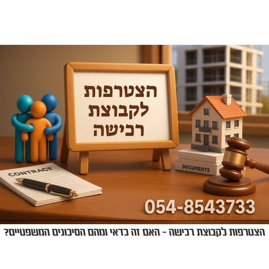 קבוצת רכישה לדירה – שלט הצטרפות, דגם בית, מסמכי חוזה ודמויות, הדגשת תהליך רכישת דירה בקבוצה עם ליווי משפטי