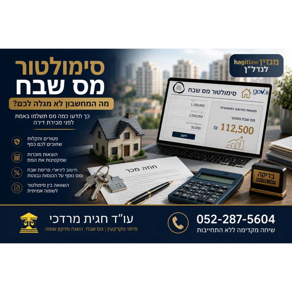סימולטור מס שבח לדירה על מסך מחשב עם חישוב מס צפוי לפני מכירת דירה, מסמכי נדל״ן ומחשבון פיננסי – עו״ד חגית מרדכי