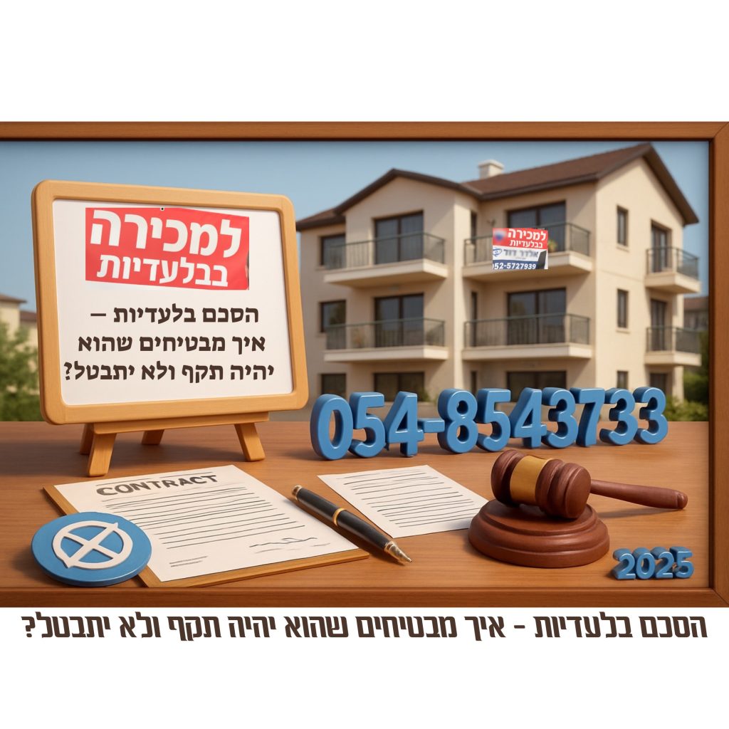 ‎תמונה תלת־ממדית מקצועית בנושא הסכם בלעדיות במקרקעין: שולחן עץ משרדי עם לוח מחיק ריק במסגרת עץ, מספר טלפון 054-8543733 ב-3D, שנת 2025 מונחת על השולחן, פטיש שופט, טופס חוזה, עט; ברקע צילום חזית בניין מגורים למכירה בבלעדיות, אווירה מכובדת וללא דמויות אנושיות.
