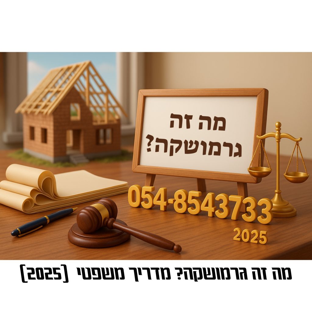 תכנית גרמושקה – שרטוט אדריכלי של דירה עם גלגל שופט, מאזניים, רול שרטוטים ופרטי יצירת קשר – הסבר משמעות גרמושקה ותפקידה המשפטי, אתר עו”ד חגית מרדכי 2025.
