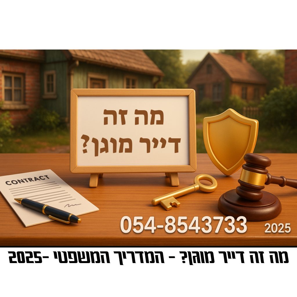 דף מדריך משפטי בנושא דייר מוגן – הסבר משפטי, מדף עו״ד חגית מרדכי לשנת 2025. התמונה כוללת שלט "מה זה דייר מוגן?", סמל מגן, מפתח, פטיש שופט, וטופס חוזה, המסמלים זכויות משפטיות והגנה בחוק.