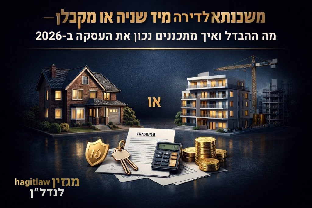 משכנתא לדירה מקבלן מול יד שנייה בשנת 2026, עם בית פרטי, בניין חדש, מסמכי משכנתא, מחשבון וכסף המדגימים הבדלים במימון ורכישה.