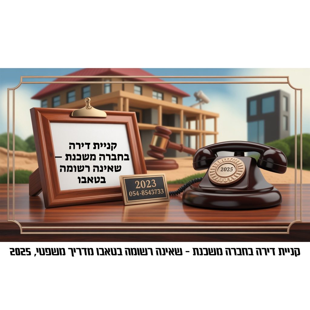קניית דירה בחברה משכנת שאינה רשומה בטאבו בישראל, הדמיה משפטית של בית, שלט זכויות, טלפון ישן, הדגשת הצורך ברישום זכויות ושמירה על זכויות הרוכש – מדריך 2025