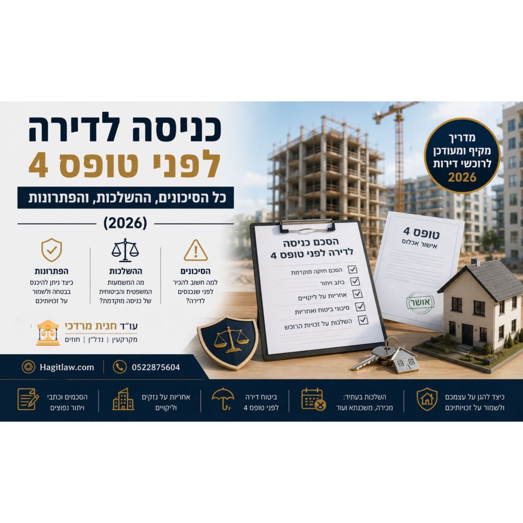 כניסה לדירה לפני טופס 4 – כל הסיכונים, ההשלכות והפתרונות (2026). המחשה של כניסה מוקדמת לדירה חדשה לפני קבלת טופס 4 באמצעות מסמכי אכלוס, הסכם חזקה מוקדמת, בית חדש ואתר בנייה | עו”ד חגית מרדכי | Hagitlaw