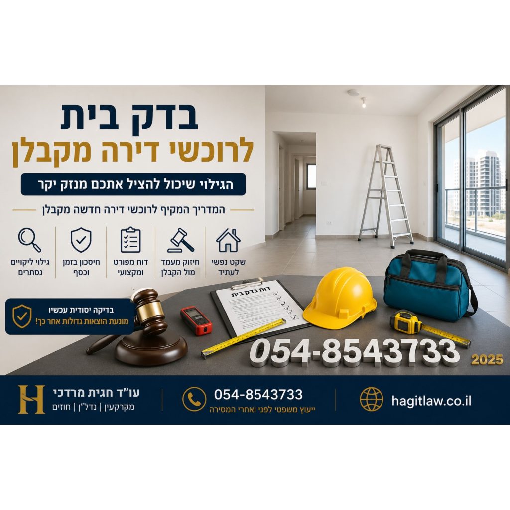 בדק בית לרוכשי דירה חדשה מקבלן – המדריך המקיף. המחשה של בדיקת ליקויים בדירה חדשה באמצעות דוח בדק בית, כלי מדידה מקצועיים, קסדת בטיחות ודירה חדשה לפני אכלוס | עו”ד חגית מרדכי | Hagitlaw
