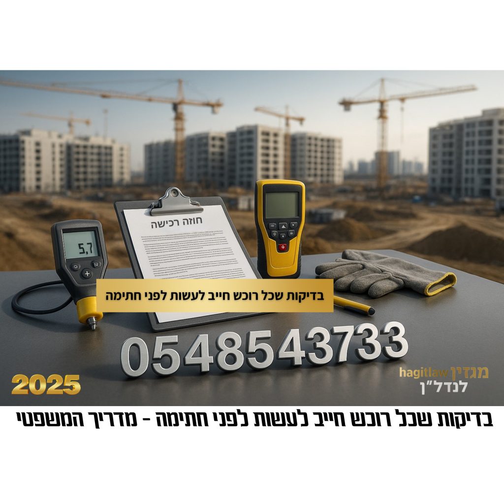 ציוד בדיקות רטיבות וליקויי בנייה על שולחן באתר בנייה, מסמכי חוזה דירה וברקע בנייני מגורים בבנייה. מספר טלפון 0548543733 בתלת-ממד.