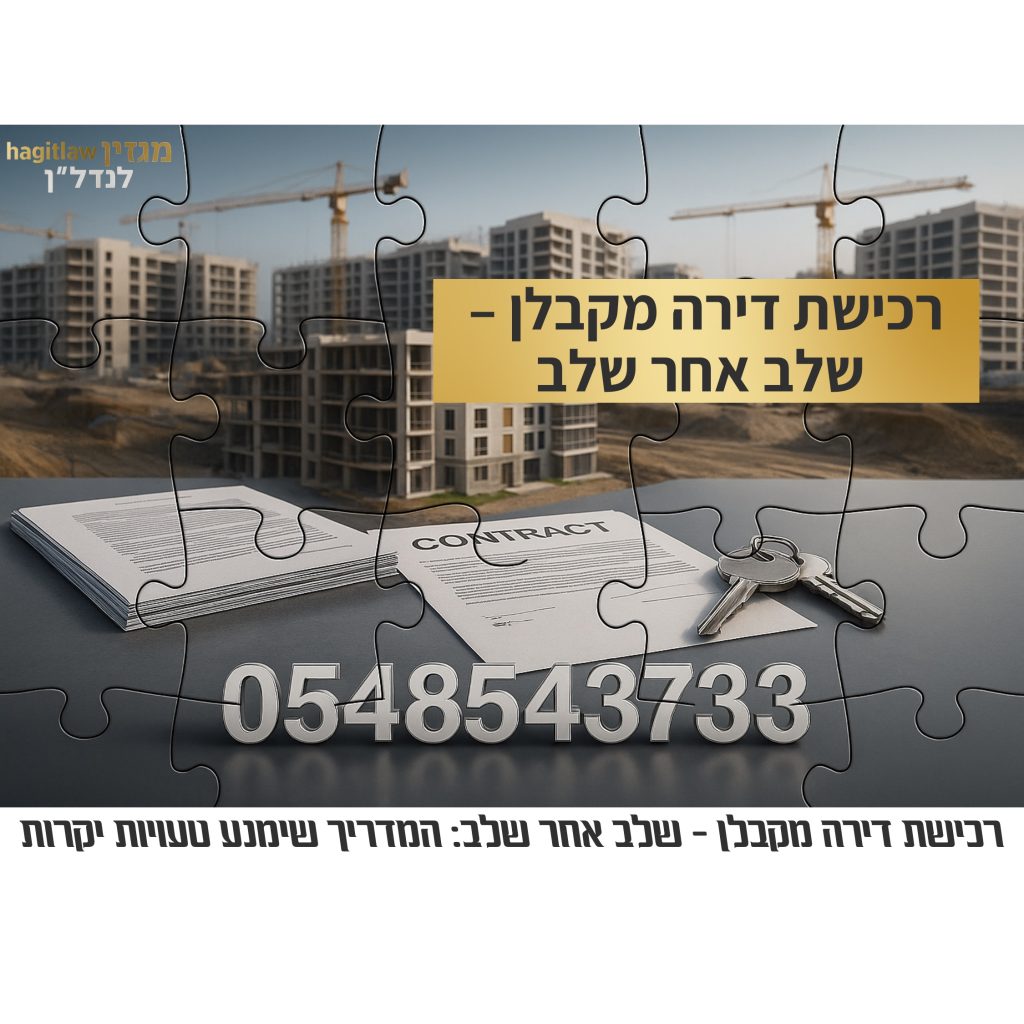 תמונה של אתר בנייה עם בניינים בשלבי שלד, שולחן משרד עם חוזה רכישה, מפתחות, וגרפיקה בצורת פאזל. כיתוב: “רכישת דירה מקבלן – שלב אחר שלב”. מספר טלפון 0548543733 מופיע בתלת־ממד