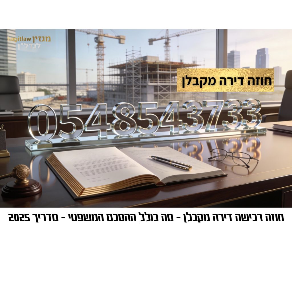 שולחן משרד משפטי עם חוזה פתוח, עט ומשקפיים, ברקע אתר בנייה פעיל — המחשה של חוזה דירה מקבלן וליווי משפטי בעסקאות נדל״ן