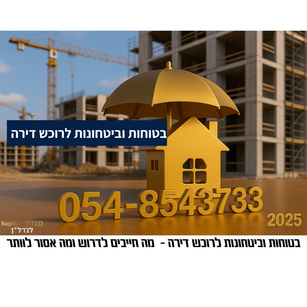אייקון בית מוזהב עם מטרייה מוזהבת מעליו בטוחות באתר בנייה, מנוף ברקע